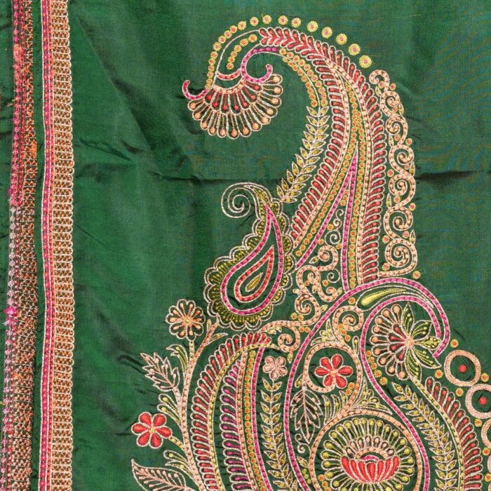 Green Silk Aari Work Embroidery Saree - Image 2